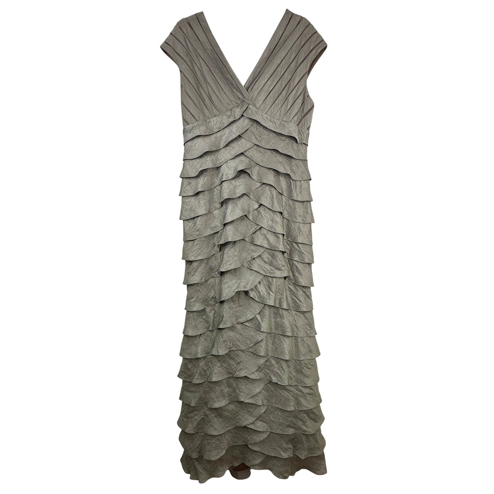 Adrianna Papell Gown Women 14 SAGE Tiered Ruffle V-Neck Formal MAXI Dress - Picture 2 of 12